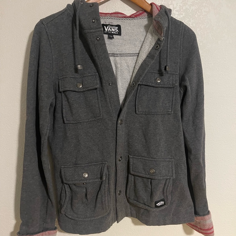 Vans Gray Hooded Button-Up Jacket with Front Pockets